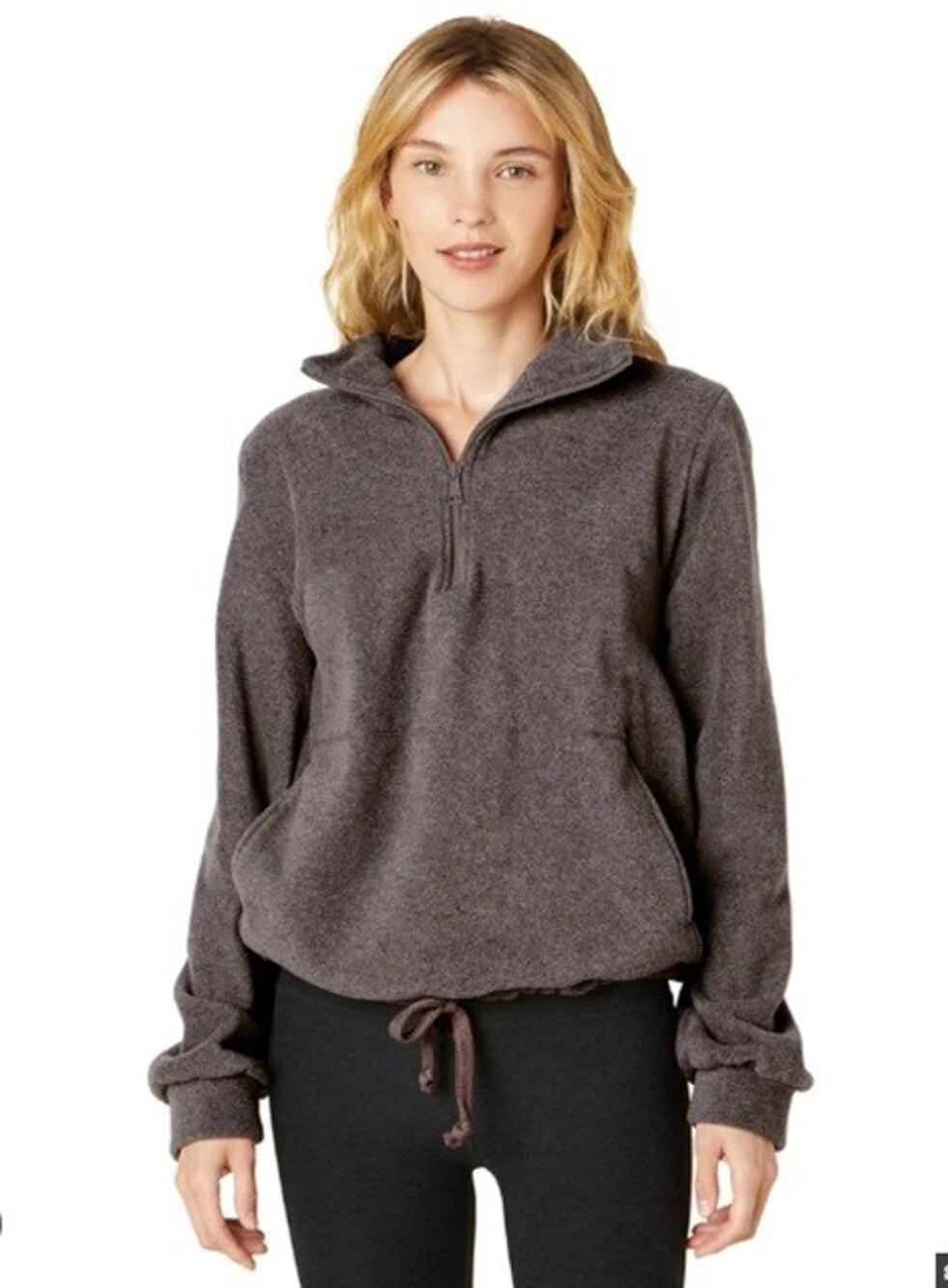 Beyond Yoga Women's Sz S New Terrain Pullover 1 4 Zip Tie Waist Heathered Brown